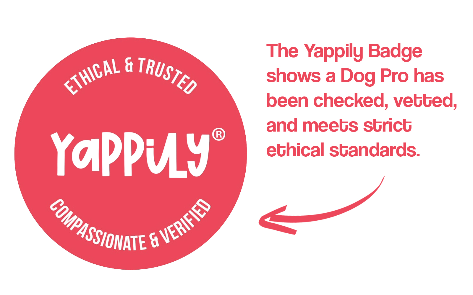 The Yappily badge signifies a Dog Pro's ethical vetting and compliance with strict standards, emphasizing trust and compassion.